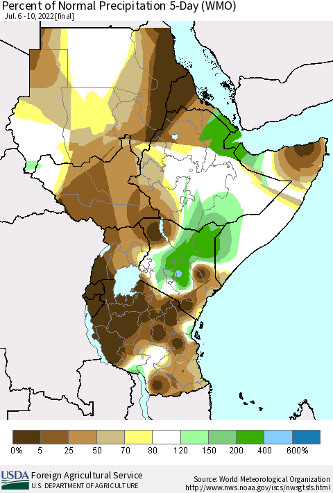 Eastern Africa Percent of Normal Precipitation 5-Day (WMO) Thematic Map For 7/6/2022 - 7/10/2022