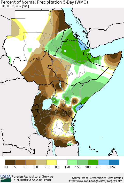 Eastern Africa Percent of Normal Precipitation 5-Day (WMO) Thematic Map For 7/11/2022 - 7/15/2022