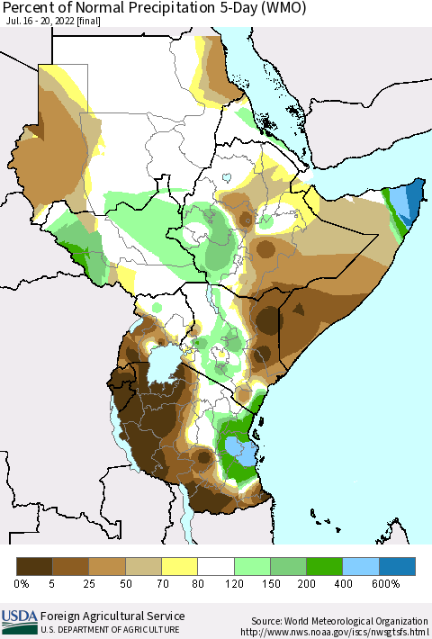 Eastern Africa Percent of Normal Precipitation 5-Day (WMO) Thematic Map For 7/16/2022 - 7/20/2022