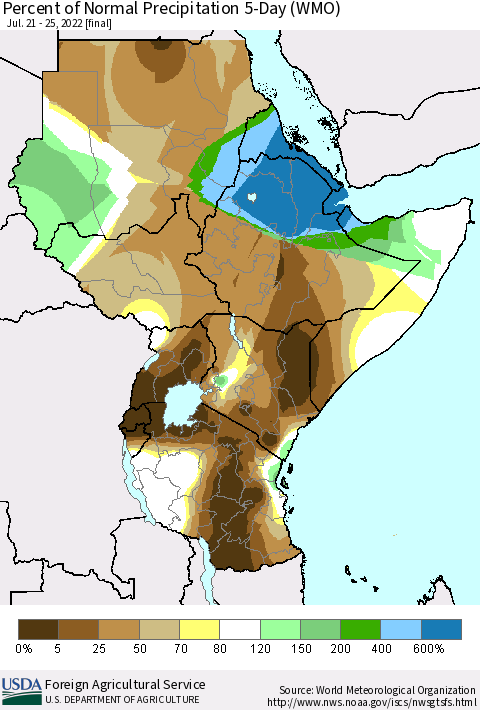 Eastern Africa Percent of Normal Precipitation 5-Day (WMO) Thematic Map For 7/21/2022 - 7/25/2022