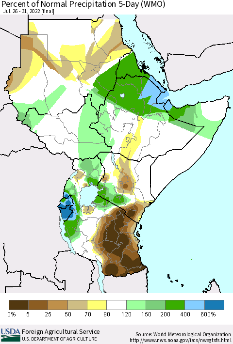 Eastern Africa Percent of Normal Precipitation 5-Day (WMO) Thematic Map For 7/26/2022 - 7/31/2022