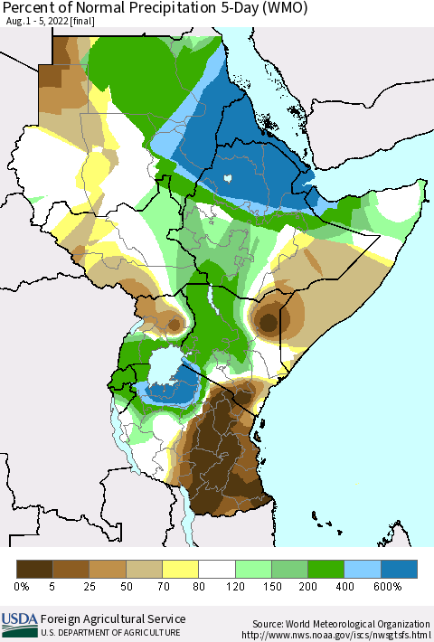 Eastern Africa Percent of Normal Precipitation 5-Day (WMO) Thematic Map For 8/1/2022 - 8/5/2022