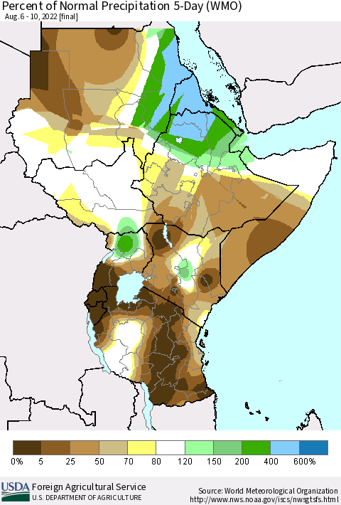 Eastern Africa Percent of Normal Precipitation 5-Day (WMO) Thematic Map For 8/6/2022 - 8/10/2022