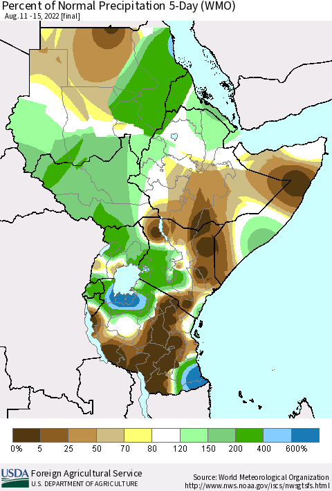 Eastern Africa Percent of Normal Precipitation 5-Day (WMO) Thematic Map For 8/11/2022 - 8/15/2022