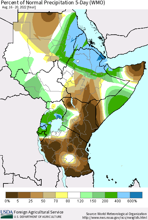 Eastern Africa Percent of Normal Precipitation 5-Day (WMO) Thematic Map For 8/16/2022 - 8/20/2022
