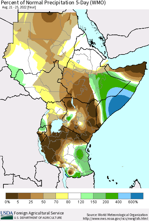 Eastern Africa Percent of Normal Precipitation 5-Day (WMO) Thematic Map For 8/21/2022 - 8/25/2022