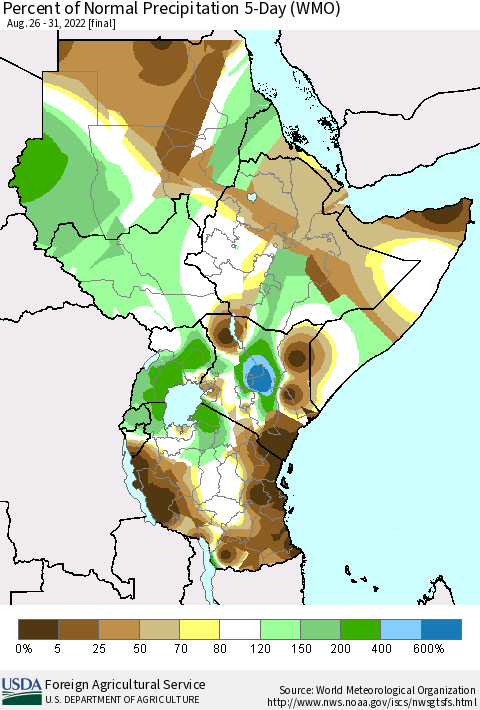 Eastern Africa Percent of Normal Precipitation 5-Day (WMO) Thematic Map For 8/26/2022 - 8/31/2022