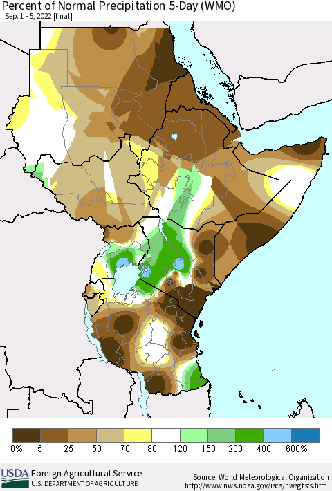 Eastern Africa Percent of Normal Precipitation 5-Day (WMO) Thematic Map For 9/1/2022 - 9/5/2022