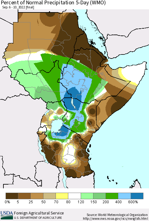 Eastern Africa Percent of Normal Precipitation 5-Day (WMO) Thematic Map For 9/6/2022 - 9/10/2022