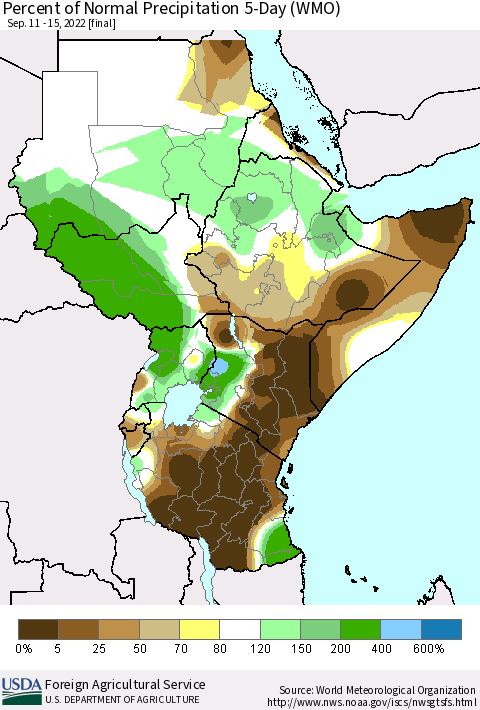Eastern Africa Percent of Normal Precipitation 5-Day (WMO) Thematic Map For 9/11/2022 - 9/15/2022