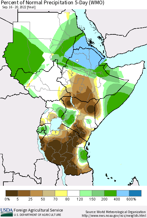 Eastern Africa Percent of Normal Precipitation 5-Day (WMO) Thematic Map For 9/16/2022 - 9/20/2022
