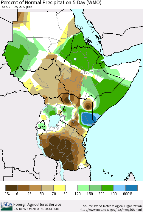 Eastern Africa Percent of Normal Precipitation 5-Day (WMO) Thematic Map For 9/21/2022 - 9/25/2022