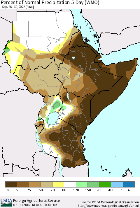 Eastern Africa Percent of Normal Precipitation 5-Day (WMO) Thematic Map For 9/26/2022 - 9/30/2022