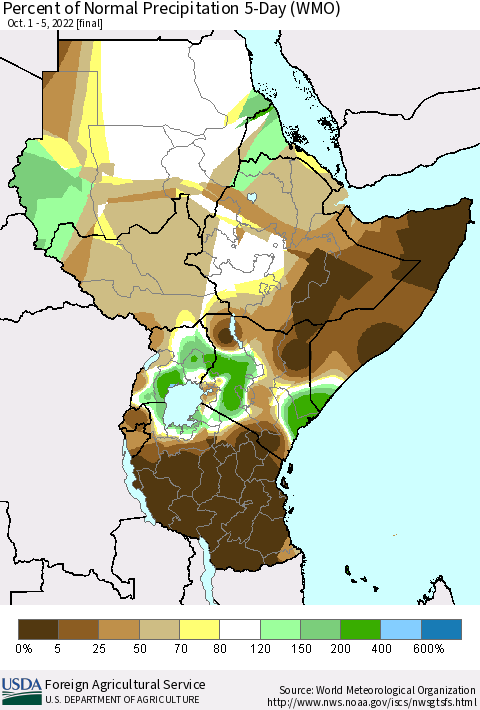 Eastern Africa Percent of Normal Precipitation 5-Day (WMO) Thematic Map For 10/1/2022 - 10/5/2022
