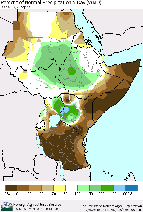 Eastern Africa Percent of Normal Precipitation 5-Day (WMO) Thematic Map For 10/6/2022 - 10/10/2022