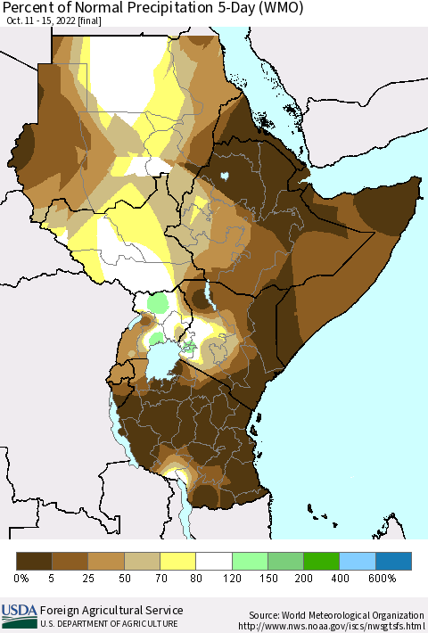 Eastern Africa Percent of Normal Precipitation 5-Day (WMO) Thematic Map For 10/11/2022 - 10/15/2022
