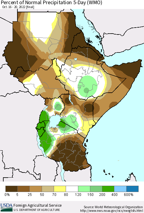 Eastern Africa Percent of Normal Precipitation 5-Day (WMO) Thematic Map For 10/16/2022 - 10/20/2022