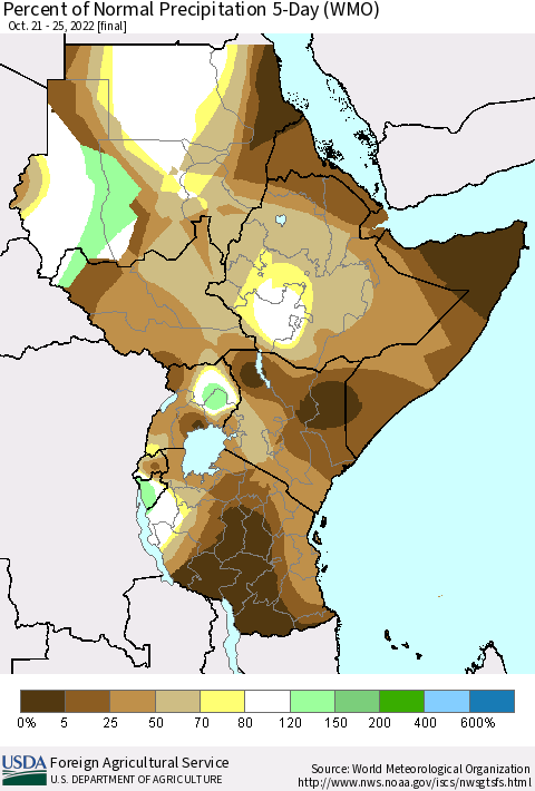 Eastern Africa Percent of Normal Precipitation 5-Day (WMO) Thematic Map For 10/21/2022 - 10/25/2022