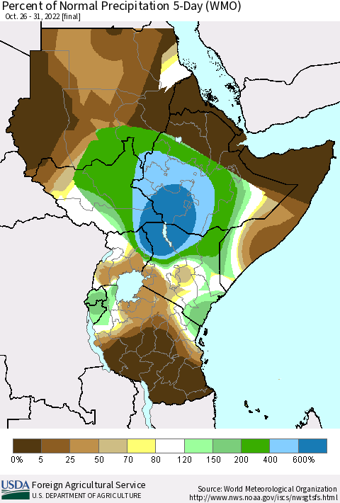 Eastern Africa Percent of Normal Precipitation 5-Day (WMO) Thematic Map For 10/26/2022 - 10/31/2022
