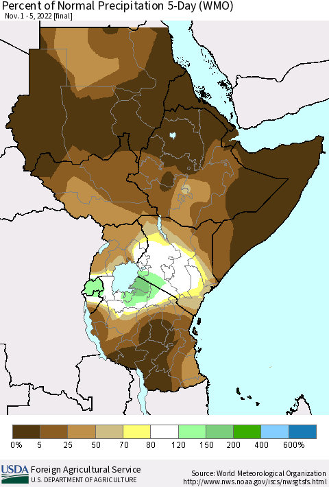 Eastern Africa Percent of Normal Precipitation 5-Day (WMO) Thematic Map For 11/1/2022 - 11/5/2022