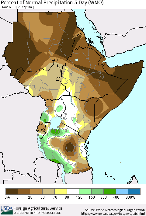 Eastern Africa Percent of Normal Precipitation 5-Day (WMO) Thematic Map For 11/6/2022 - 11/10/2022
