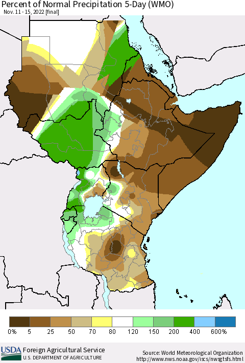 Eastern Africa Percent of Normal Precipitation 5-Day (WMO) Thematic Map For 11/11/2022 - 11/15/2022
