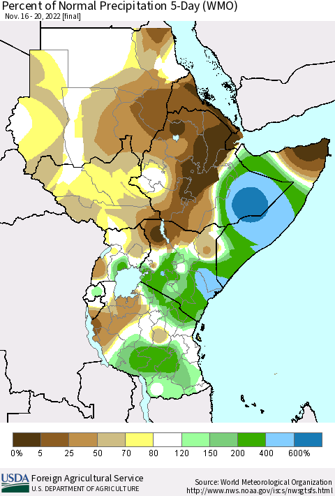 Eastern Africa Percent of Normal Precipitation 5-Day (WMO) Thematic Map For 11/16/2022 - 11/20/2022