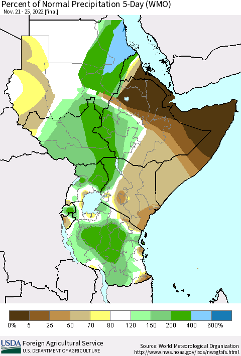 Eastern Africa Percent of Normal Precipitation 5-Day (WMO) Thematic Map For 11/21/2022 - 11/25/2022