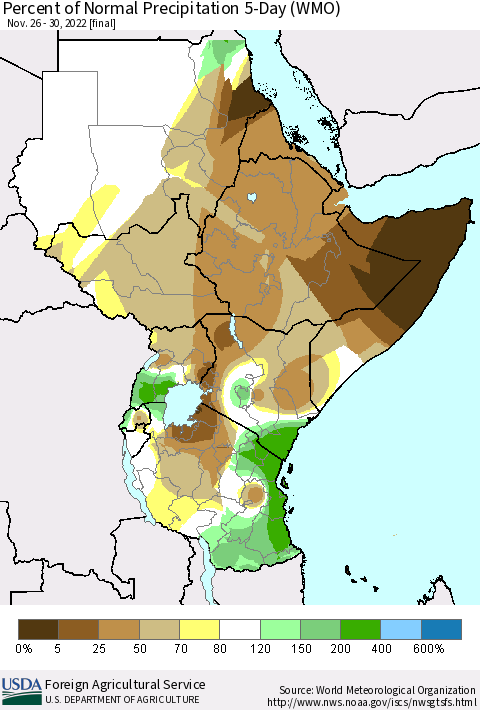 Eastern Africa Percent of Normal Precipitation 5-Day (WMO) Thematic Map For 11/26/2022 - 11/30/2022