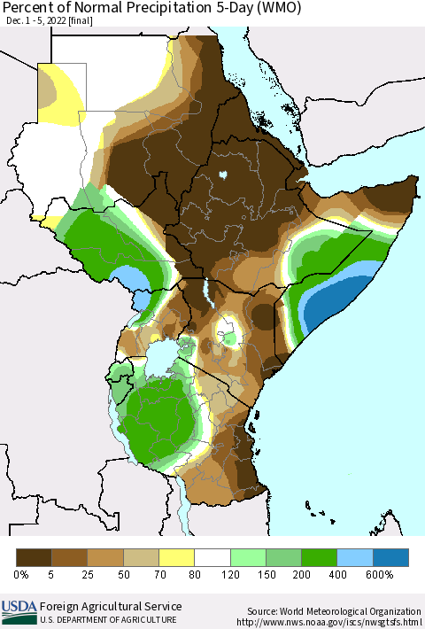 Eastern Africa Percent of Normal Precipitation 5-Day (WMO) Thematic Map For 12/1/2022 - 12/5/2022