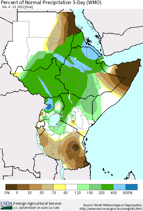 Eastern Africa Percent of Normal Precipitation 5-Day (WMO) Thematic Map For 12/6/2022 - 12/10/2022