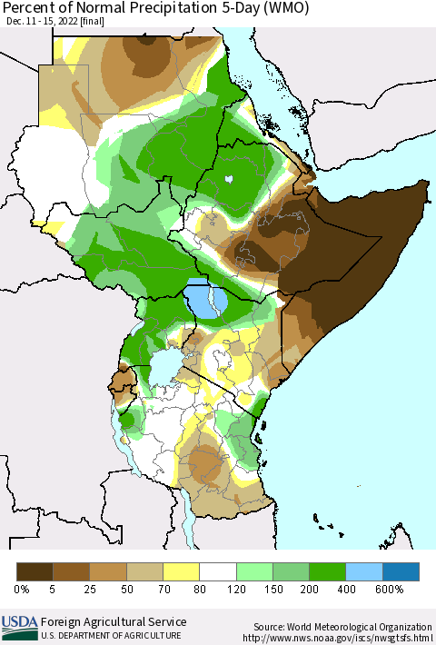 Eastern Africa Percent of Normal Precipitation 5-Day (WMO) Thematic Map For 12/11/2022 - 12/15/2022