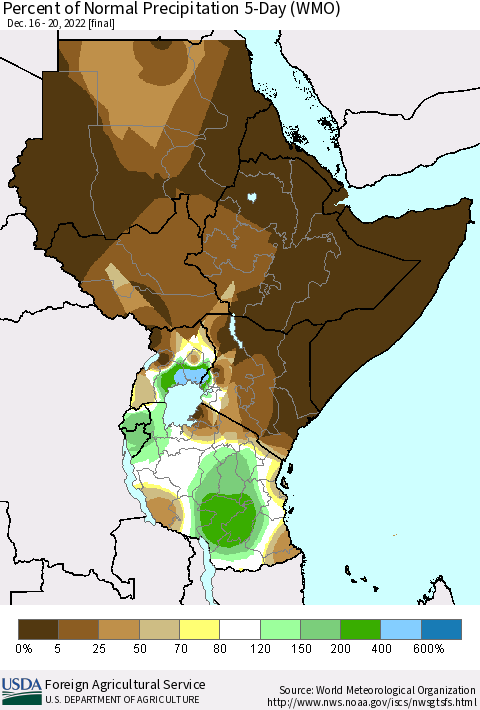 Eastern Africa Percent of Normal Precipitation 5-Day (WMO) Thematic Map For 12/16/2022 - 12/20/2022