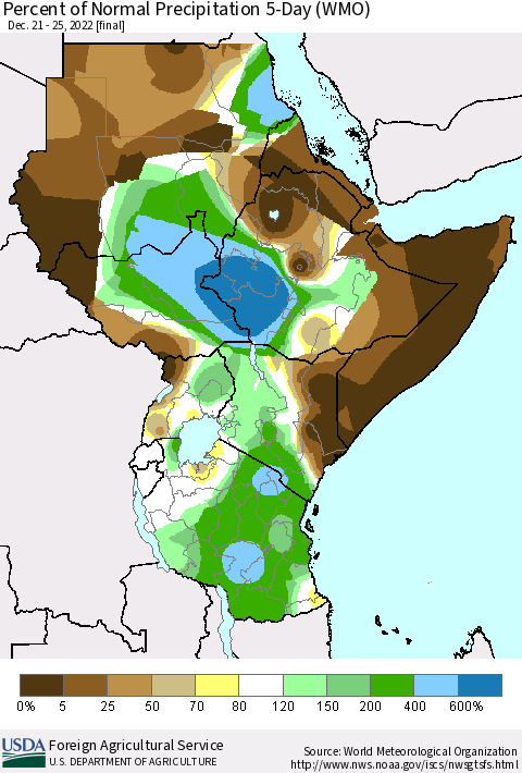 Eastern Africa Percent of Normal Precipitation 5-Day (WMO) Thematic Map For 12/21/2022 - 12/25/2022