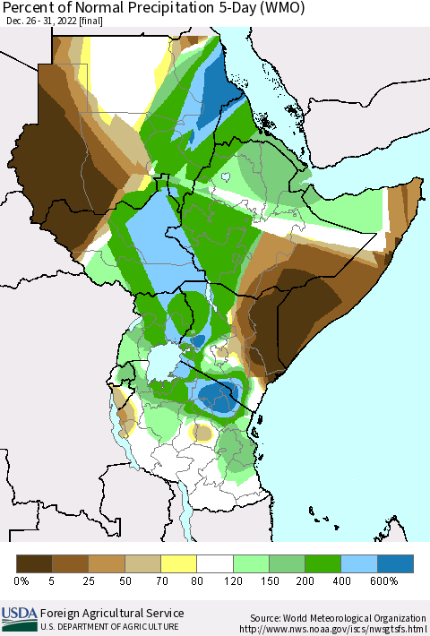 Eastern Africa Percent of Normal Precipitation 5-Day (WMO) Thematic Map For 12/26/2022 - 12/31/2022