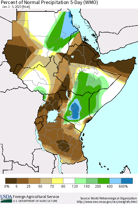 Eastern Africa Percent of Normal Precipitation 5-Day (WMO) Thematic Map For 1/1/2023 - 1/5/2023