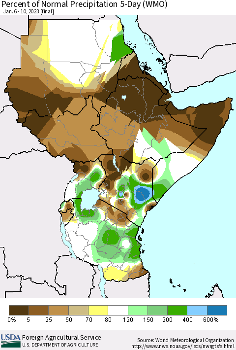 Eastern Africa Percent of Normal Precipitation 5-Day (WMO) Thematic Map For 1/6/2023 - 1/10/2023