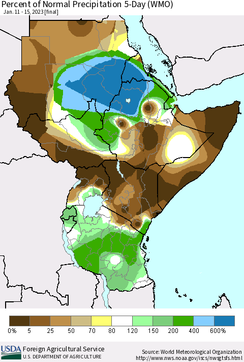 Eastern Africa Percent of Normal Precipitation 5-Day (WMO) Thematic Map For 1/11/2023 - 1/15/2023