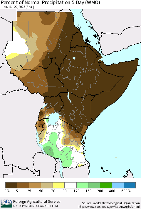 Eastern Africa Percent of Normal Precipitation 5-Day (WMO) Thematic Map For 1/16/2023 - 1/20/2023