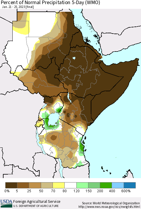Eastern Africa Percent of Normal Precipitation 5-Day (WMO) Thematic Map For 1/21/2023 - 1/25/2023