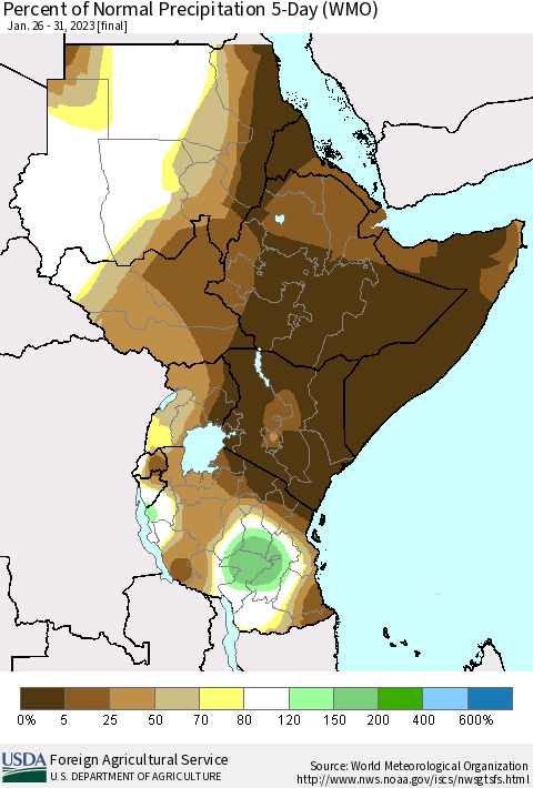 Eastern Africa Percent of Normal Precipitation 5-Day (WMO) Thematic Map For 1/26/2023 - 1/31/2023