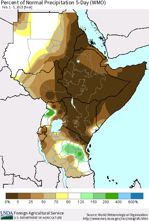 Eastern Africa Percent of Normal Precipitation 5-Day (WMO) Thematic Map For 2/1/2023 - 2/5/2023