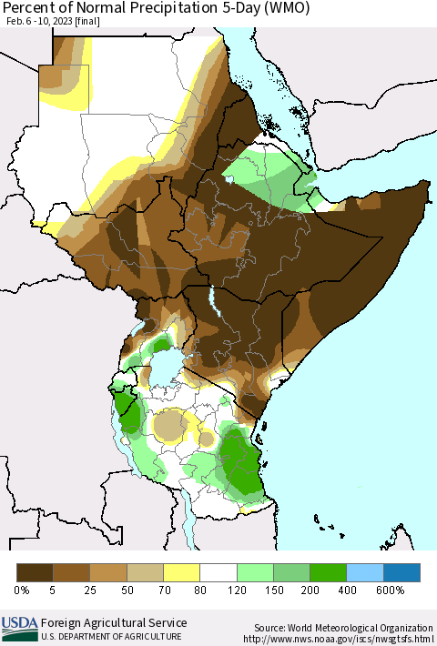 Eastern Africa Percent of Normal Precipitation 5-Day (WMO) Thematic Map For 2/6/2023 - 2/10/2023