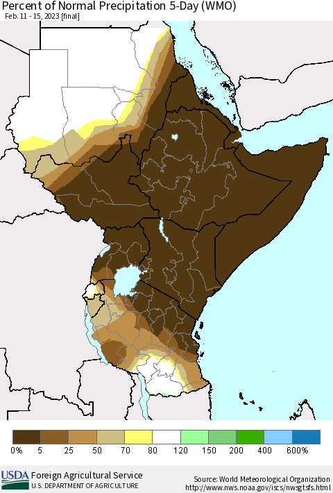 Eastern Africa Percent of Normal Precipitation 5-Day (WMO) Thematic Map For 2/11/2023 - 2/15/2023