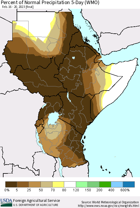 Eastern Africa Percent of Normal Precipitation 5-Day (WMO) Thematic Map For 2/16/2023 - 2/20/2023