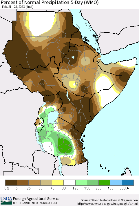 Eastern Africa Percent of Normal Precipitation 5-Day (WMO) Thematic Map For 2/21/2023 - 2/25/2023
