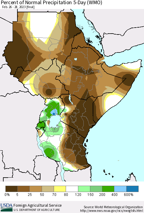 Eastern Africa Percent of Normal Precipitation 5-Day (WMO) Thematic Map For 2/26/2023 - 2/28/2023