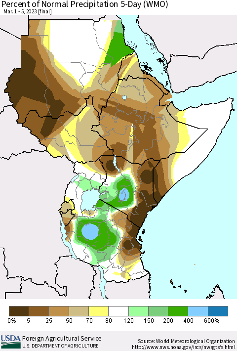 Eastern Africa Percent of Normal Precipitation 5-Day (WMO) Thematic Map For 3/1/2023 - 3/5/2023