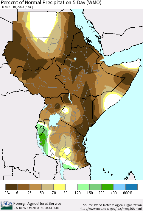 Eastern Africa Percent of Normal Precipitation 5-Day (WMO) Thematic Map For 3/6/2023 - 3/10/2023