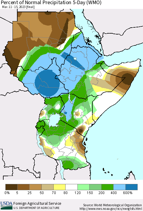 Eastern Africa Percent of Normal Precipitation 5-Day (WMO) Thematic Map For 3/11/2023 - 3/15/2023